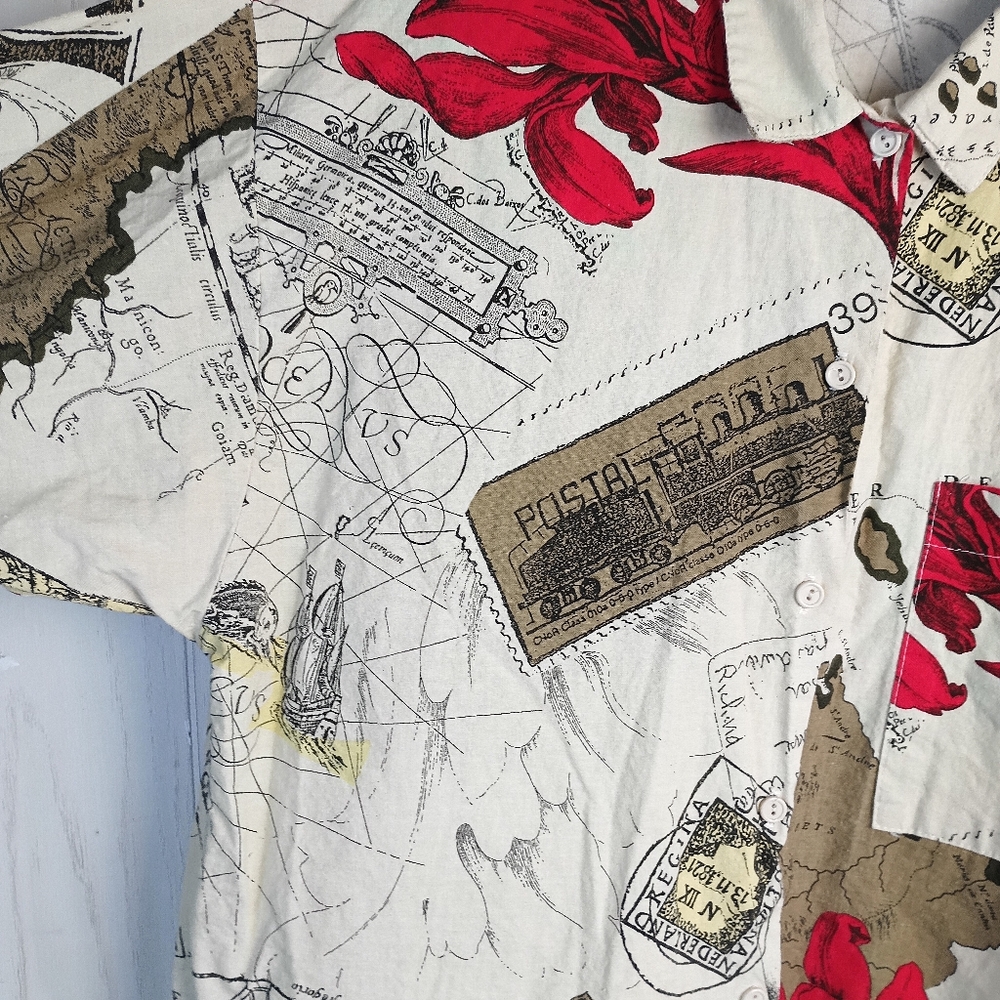 VTG 80s 90s Mirror Travel France Print made in USA Large 3 quarter button down - Picture 3 of 16